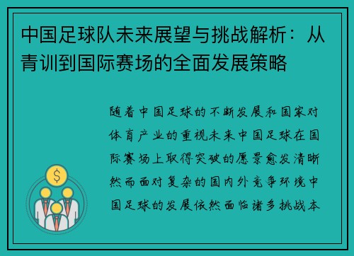 中国足球队未来展望与挑战解析：从青训到国际赛场的全面发展策略